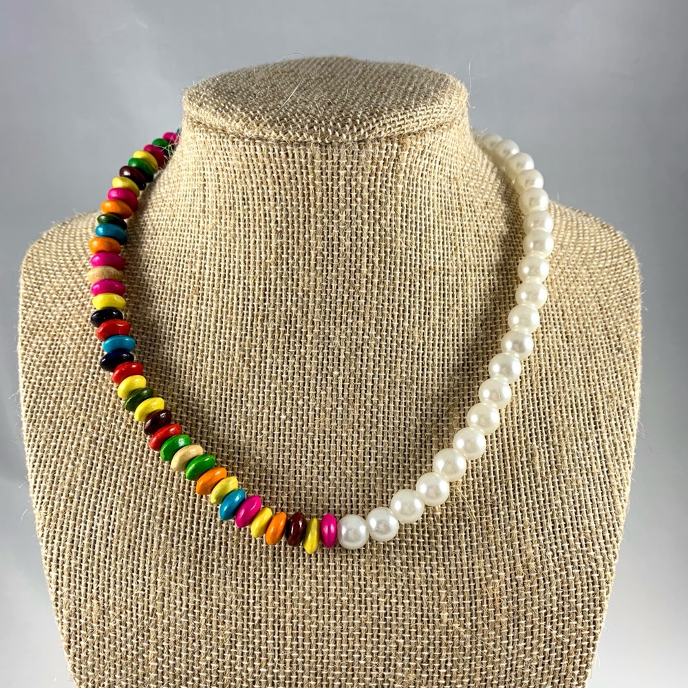 3/$15 half and half pearl and wood bead choker